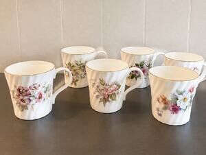 Crown Trent Fine Bone China Floral Mugs Set 6 Staffordshire England Gold Rim